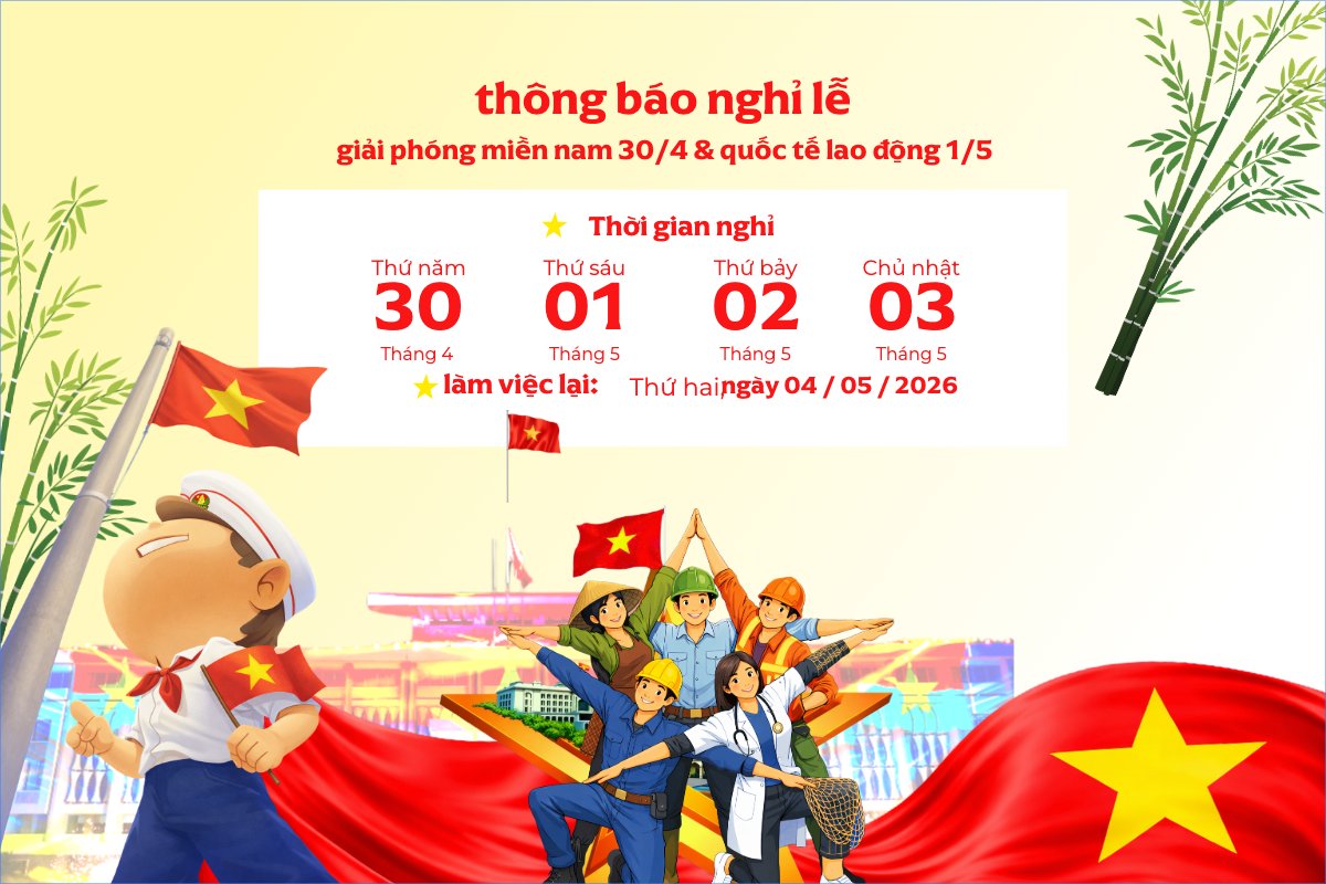 Mẫu Bài post MXH ngang Thông báo nghỉ lễ Giải phóng miền Nam 30/4 và Quốc tế Lao động 1/5 — LayerPic