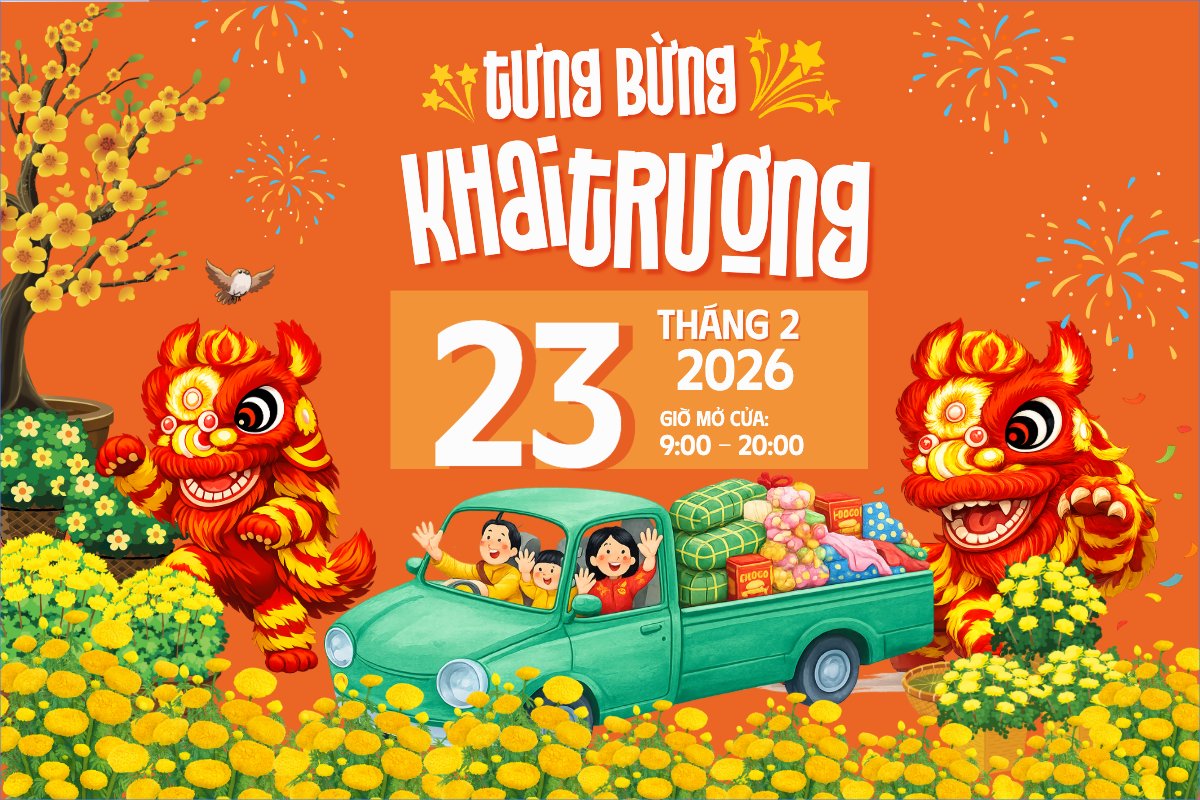 Mẫu Bài post MXH ngang Tưng bừng khai trương — LayerPic