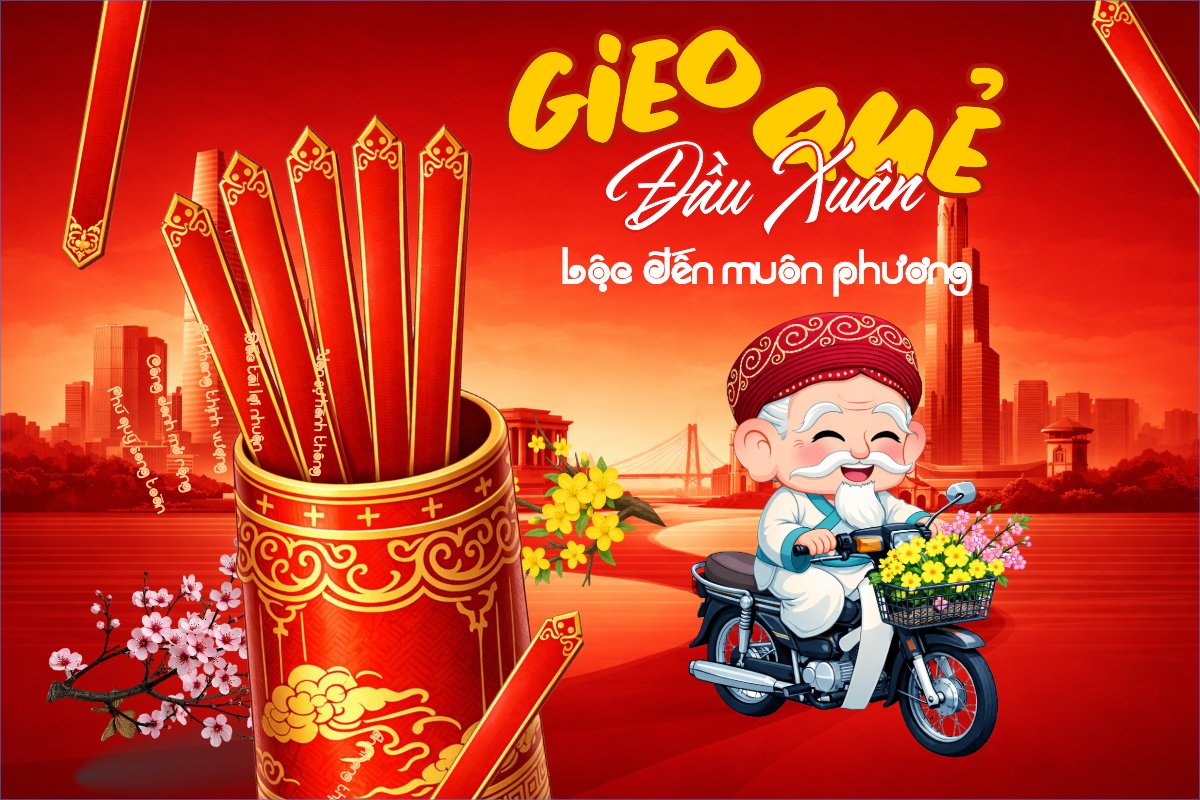 Mẫu Bài post MXH ngang Gieo quẻ đầu xuân lộc đến muôn phương — LayerPic