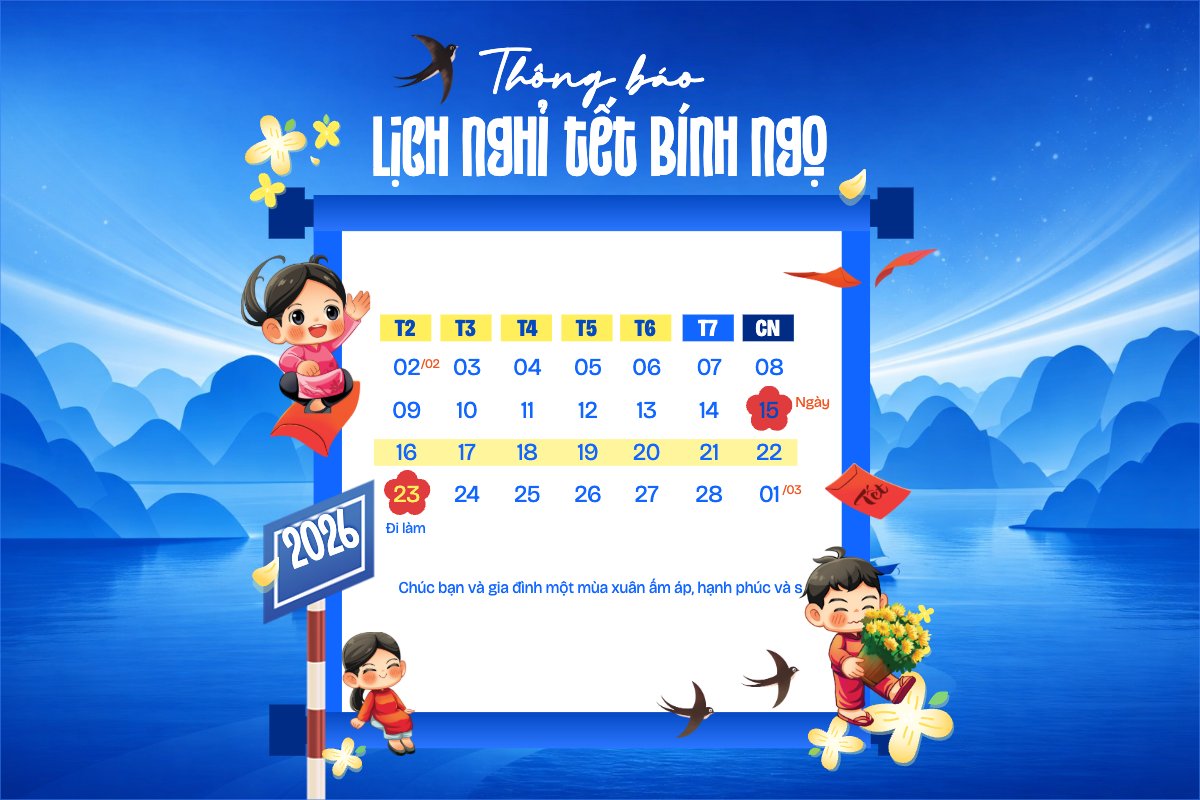 Mẫu Bài post MXH ngang Thông báo lịch nghỉ tết nguyên đán Bính Ngọ 2026 — LayerPic