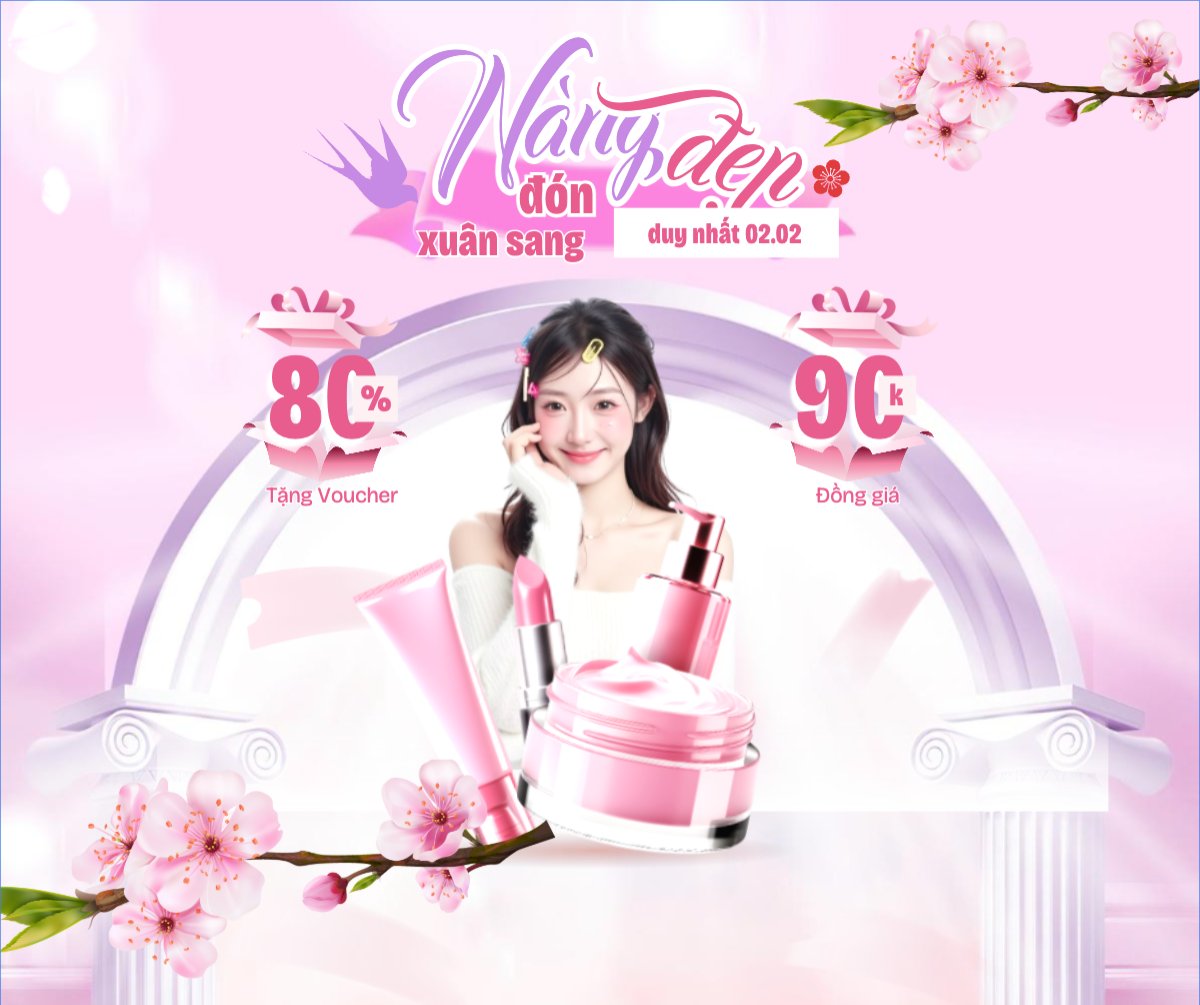 Mẫu Bài post MXH ngang Nàng đẹp đón xuân sang duy nhất 02.02 — LayerPic