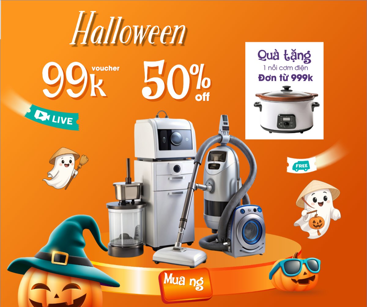 Mẫu Bài post MXH ngang Halloween, lễ hội ma quái, sự kiện, event, công nghệ, technology, điện tử, electronic, dễ thương, cute, chibi, hoạt hình, cartoon — LayerPic