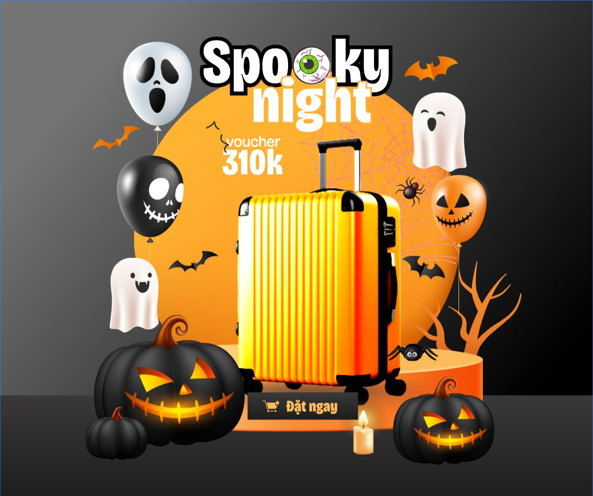 Mẫu Bài post MXH ngang Halloween, lễ hội ma quái, vali, thời trang, fashion, sự kiện, event, dễ thương, cute, chibi, hoạt hình, cartoon — LayerPic
