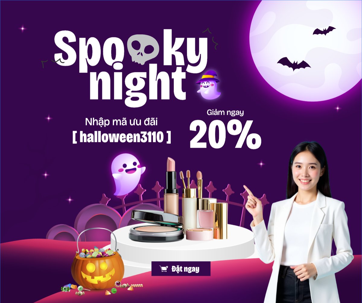 Mẫu Bài post MXH ngang Halloween, lễ hội ma quái, thẩm mỹ, cosmetic, beauty, làm đẹp, sự kiện, event, dễ thương, cute, chibi, hoạt hình, cartoon — LayerPic