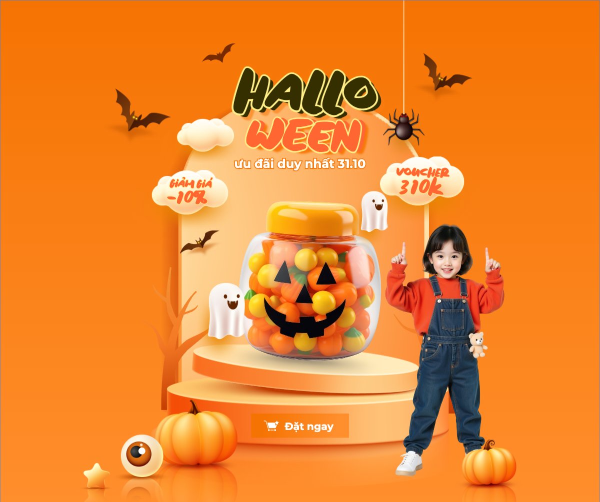 Mẫu Bài post MXH ngang Halloween, lễ hội ma quái, kẹo, candy, thực phẩm, food, sự kiện, event, dễ thương, cute, chibi, hoạt hình, cartoon — LayerPic