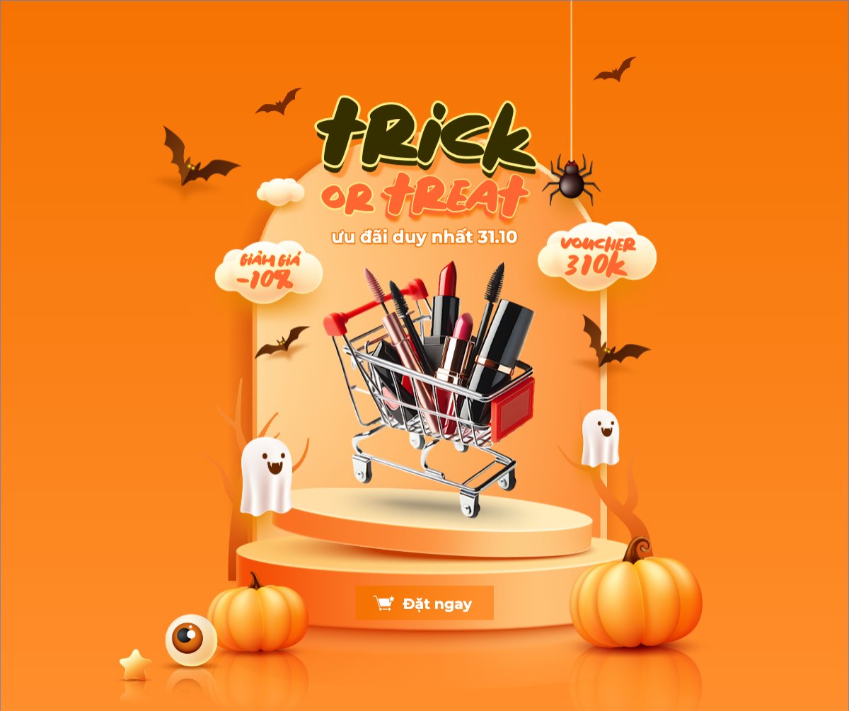 Mẫu Bài post MXH ngang Halloween, lễ hội ma quái, thẩm mỹ, cosmetic, beauty, làm đẹp, sự kiện, event, dễ thương, cute, chibi, hoạt hình, cartoon — LayerPic