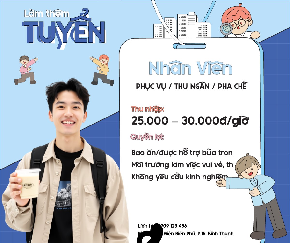 Mẫu Bài post MXH ngang Phục vụ, tuyển dụng, nước uống, juice, giải khát, F&B, drink, dễ thương, cute, chibi, hoạt hình, cartoon — LayerPic