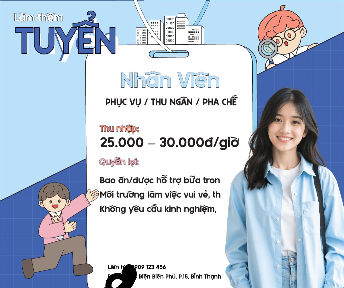 Mẫu Bài post MXH ngang Phục vụ, tuyển dụng, nước uống, juice, giải khát, F&B, drink, dễ thương, cute, chibi, hoạt hình, cartoon — LayerPic