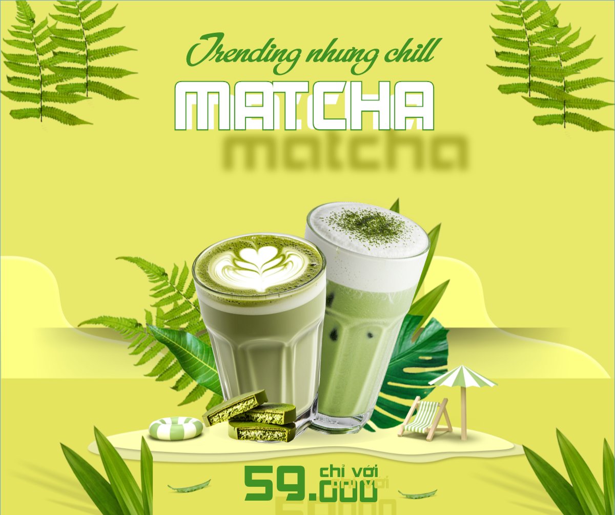 Mẫu Bài post MXH ngang Matcha latte, trà xanh, trà sữa, milktea, nước uống, juice, giải khát, F&B, drink, hiện đại — LayerPic