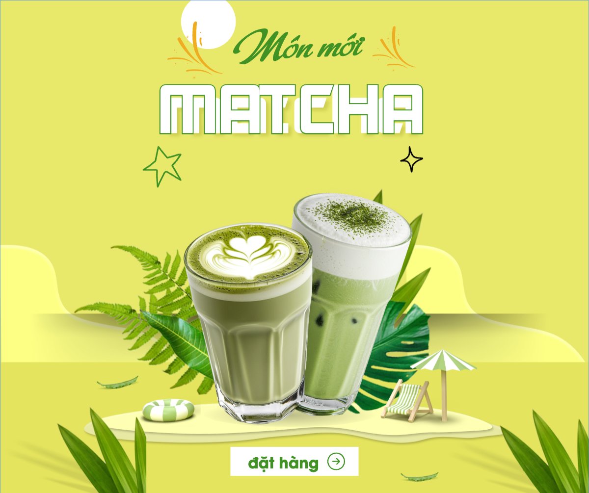 Mẫu Bài post MXH ngang Matcha latte, trà xanh, trà sữa, milktea, nước uống, juice, giải khát, F&B, drink, hiện đại — LayerPic