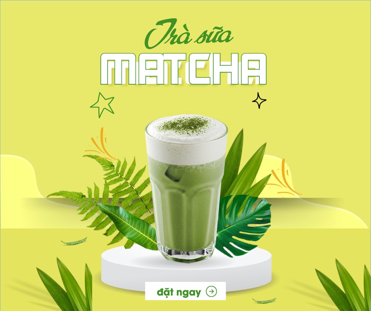Mẫu Bài post MXH ngang Matcha latte, trà xanh, trà sữa, milktea, nước uống, juice, giải khát, F&B, drink, hiện đại — LayerPic