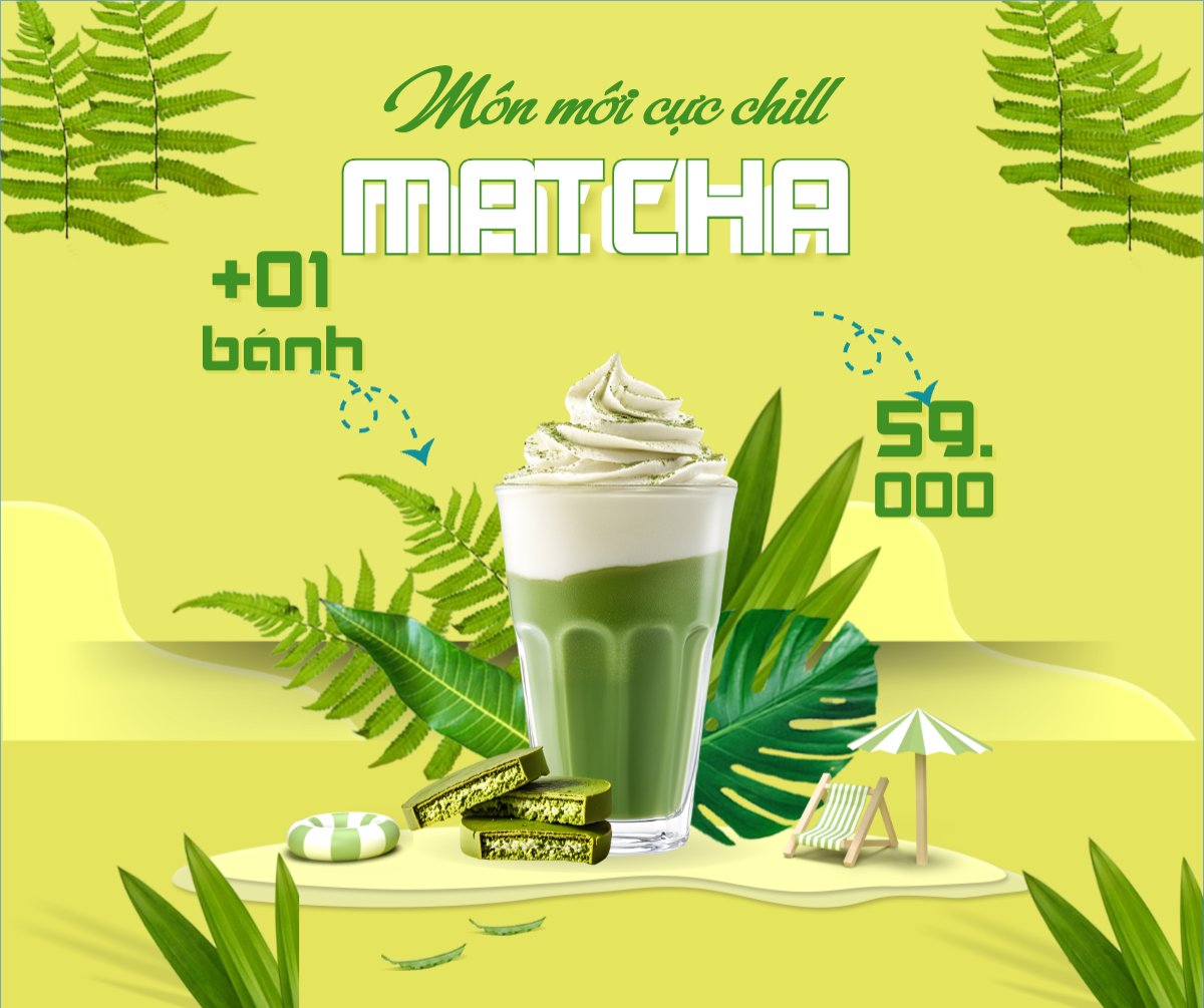 Mẫu Bài post MXH ngang Matcha latte, trà xanh, trà sữa, milktea, nước uống, juice, giải khát, F&B, drink, hiện đại — LayerPic