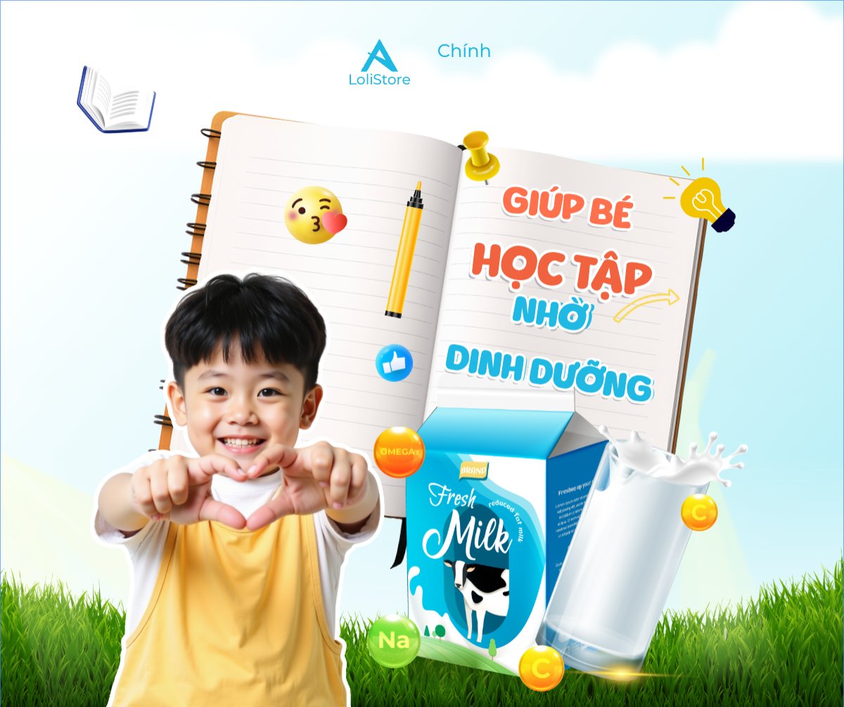 Mẫu Bài post MXH ngang Em bé, baby, trẻ em, kids, sữa, milk, đồ ăn, food, thực phẩm, ẩm thực, nước uống, drink — LayerPic