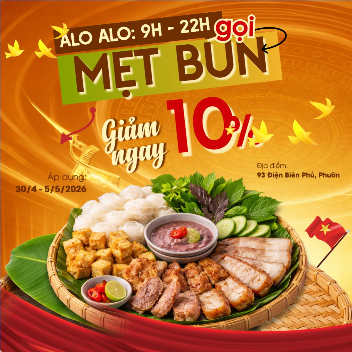 Mẫu Bài post MXH vuông Mẹt bún sale ngày lễ 30/4 — LayerPic