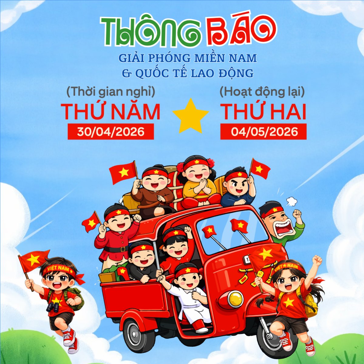 Mẫu Bài post MXH vuông Lịch nghỉ lễ 30/4-1/5 — LayerPic