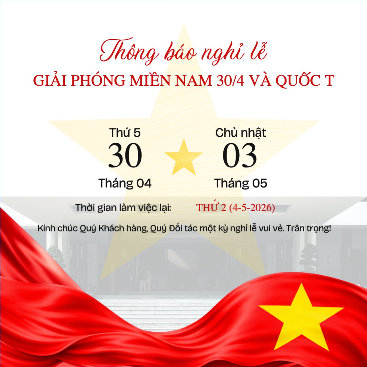 Mẫu Bài post MXH vuông Thông báo nghỉ lễ Giải phóng miền Nam 30/4 và Quốc tế Lao động 1/5 — LayerPic