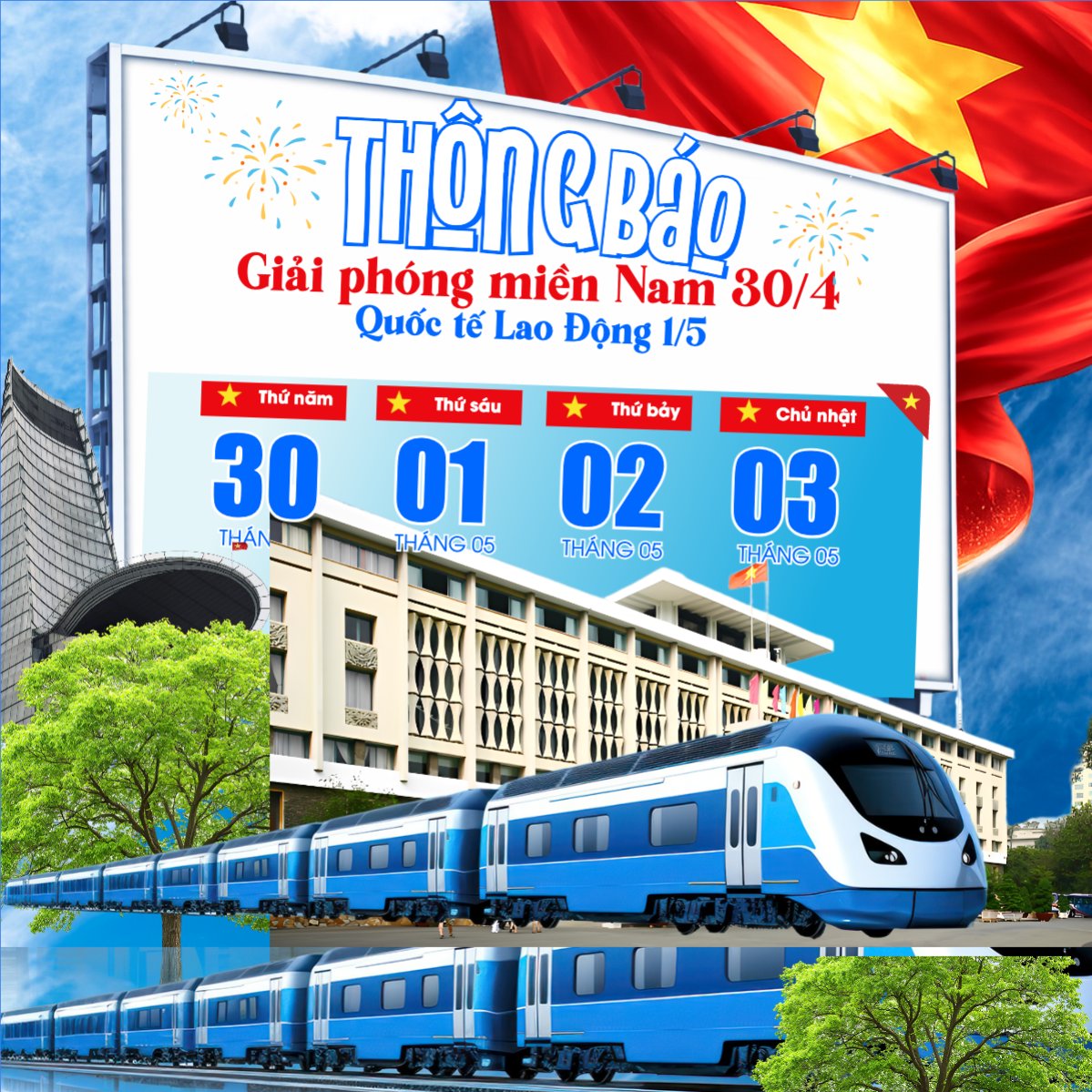 Mẫu Bài post MXH vuông Lịch nghỉ lễ 30/4-1/5 — LayerPic
