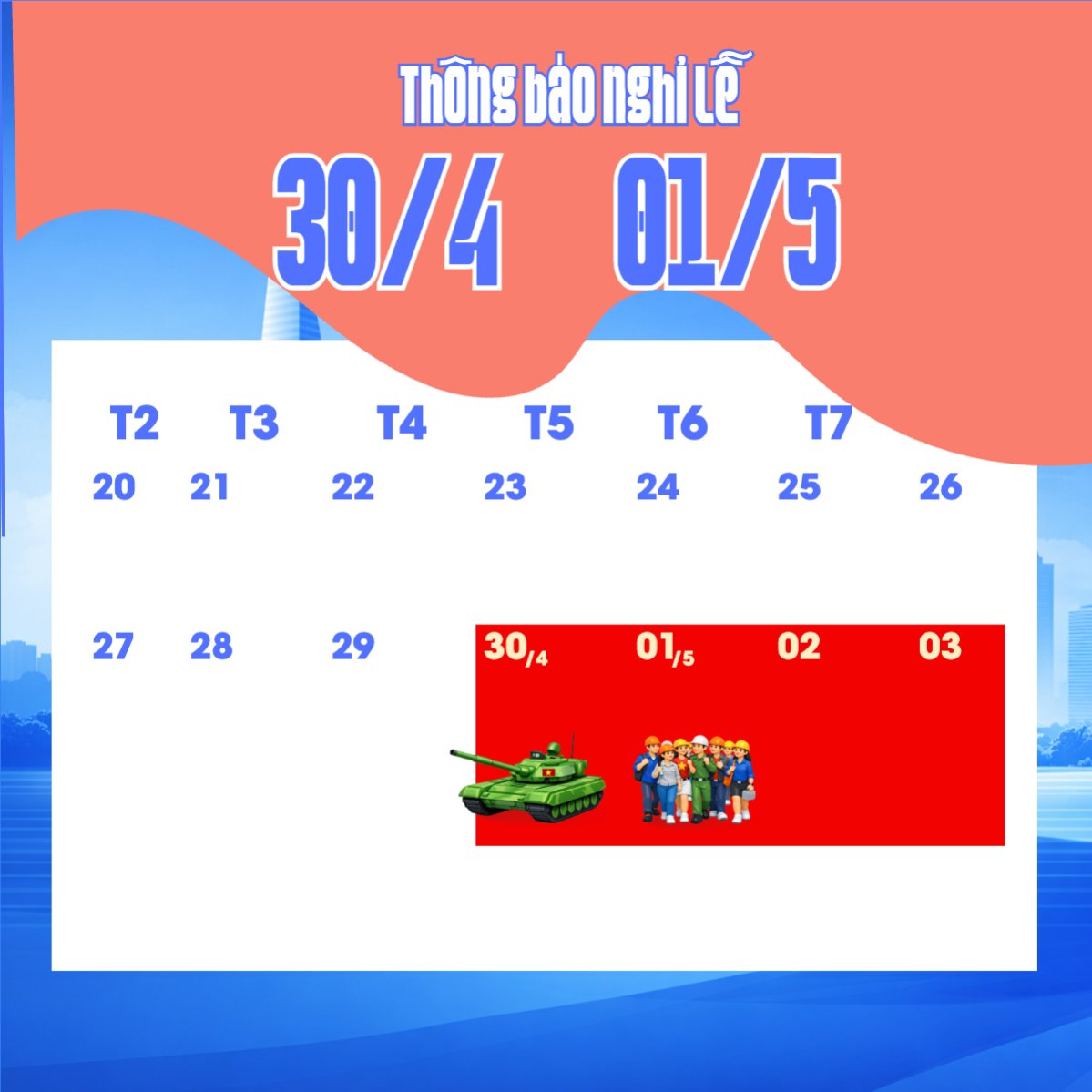 Mẫu Bài post MXH vuông Lịch nghỉ lễ 30/4-1/5 — LayerPic