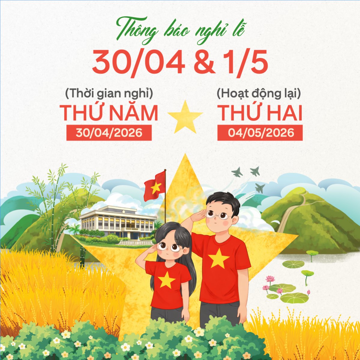 Mẫu Bài post MXH vuông Thông báo nghỉ lễ Giải phóng miền Nam 30/4 và Quốc tế Lao động 1/5 — LayerPic