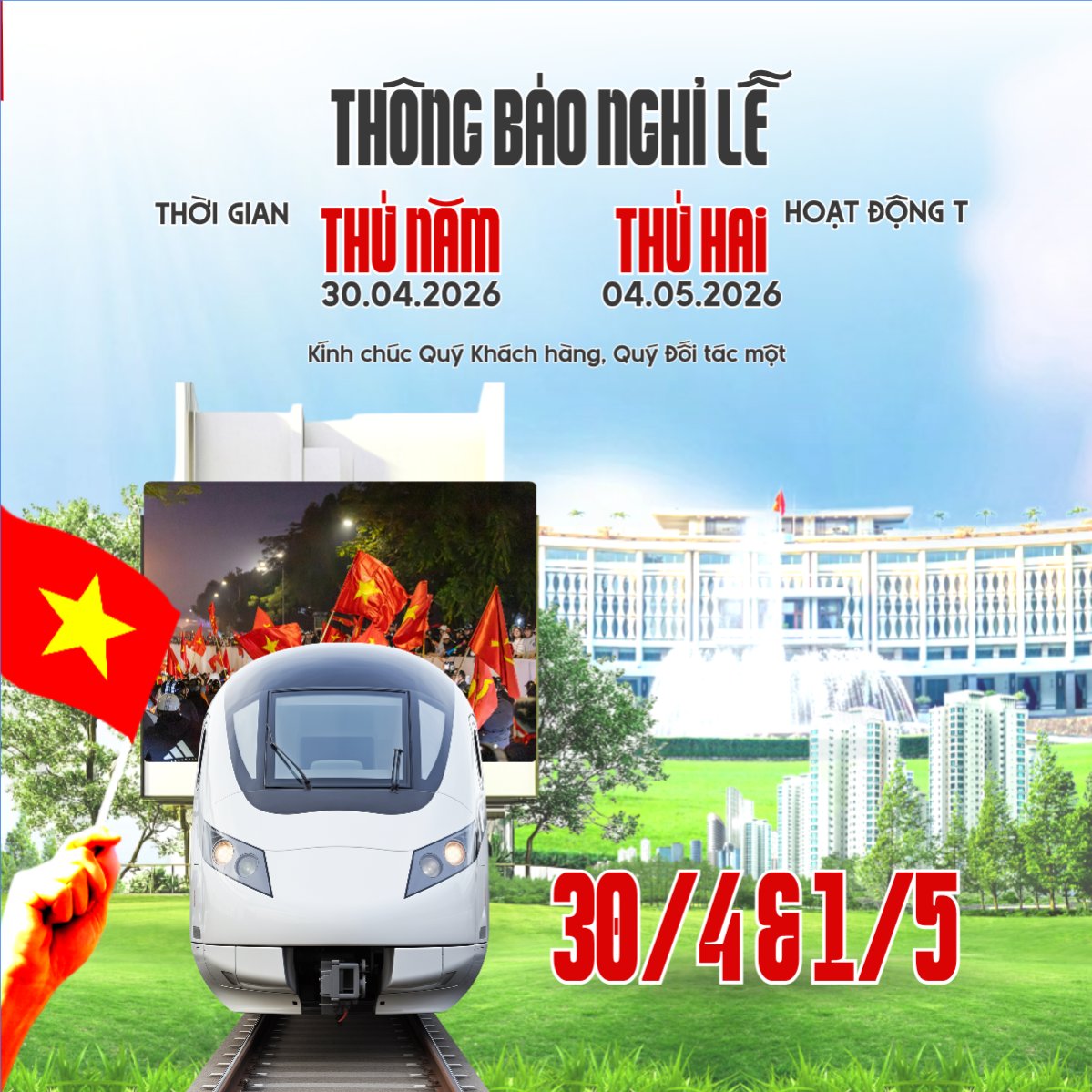 Mẫu Bài post MXH vuông Thông báo nghỉ lễ Giải phóng miền Nam 30/4 và Quốc tế Lao động 1/5 — LayerPic