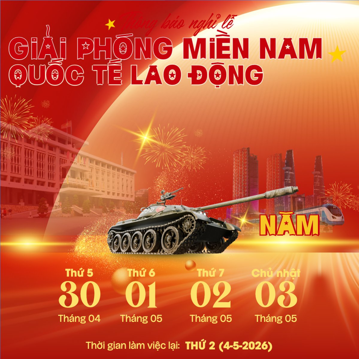 Mẫu Bài post MXH vuông Lịch nghỉ lễ 30/4-1/5 — LayerPic
