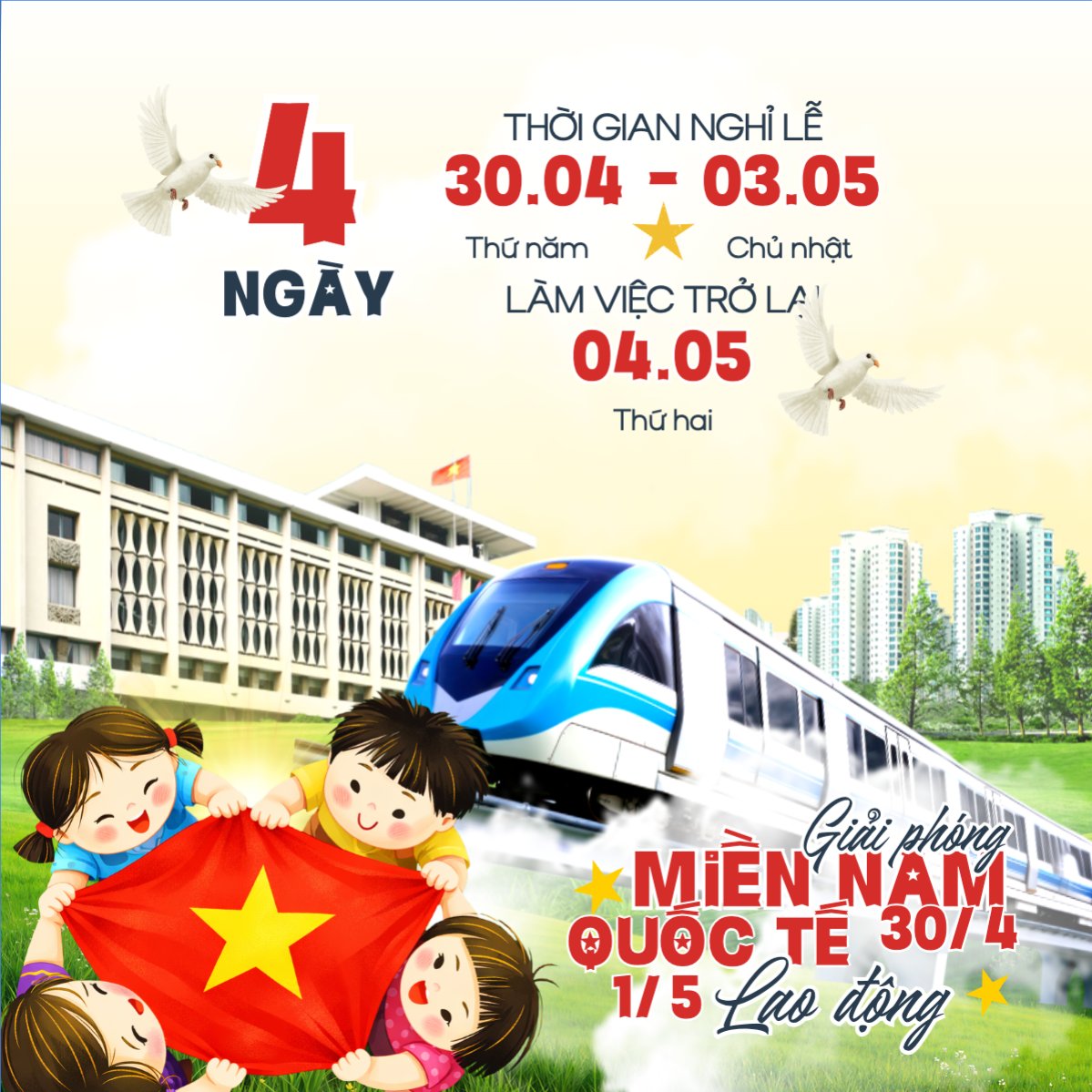 Mẫu Bài post MXH vuông Thông báo nghỉ lễ Giải phóng miền Nam 30/4 và Quốc tế Lao động 1/5 — LayerPic