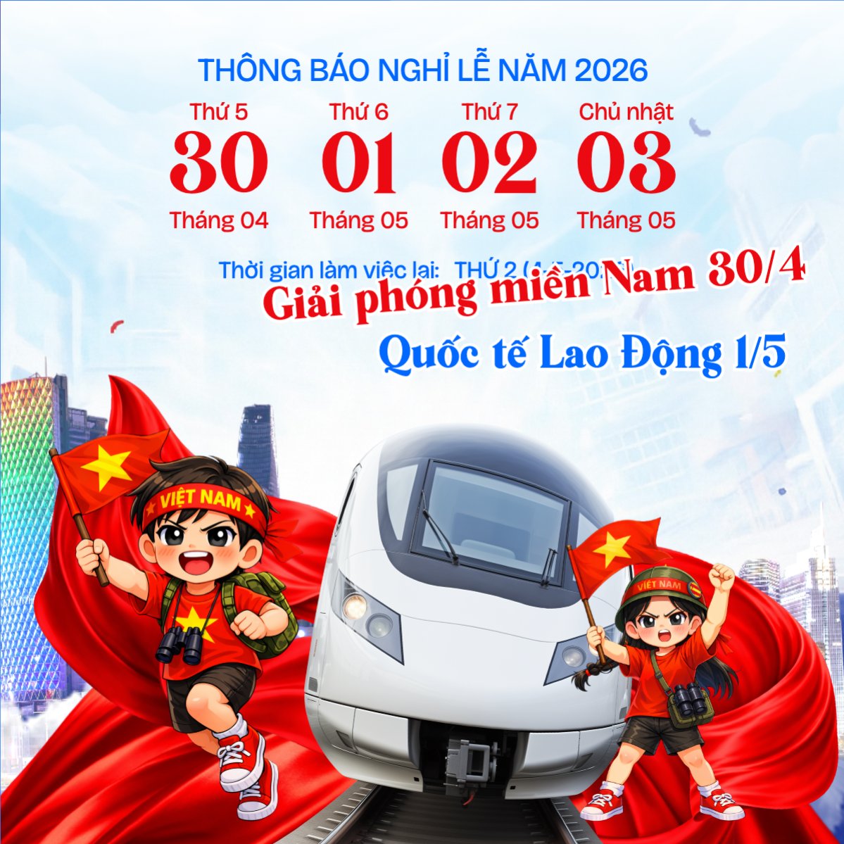 Mẫu Bài post MXH vuông Thông báo nghỉ lễ Giải phóng miền Nam 30/4 và Quốc tế Lao động 1/5 — LayerPic