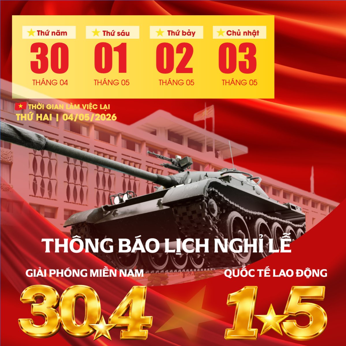 Mẫu Bài post MXH vuông Lịch nghỉ lễ 30/4-1/5 — LayerPic