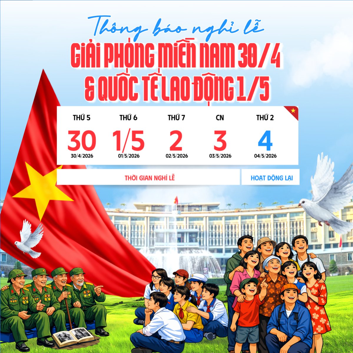 Mẫu Bài post MXH vuông Thông báo nghỉ lễ Giải phóng miền Nam 30/4 và Quốc tế Lao động 1/5 — LayerPic