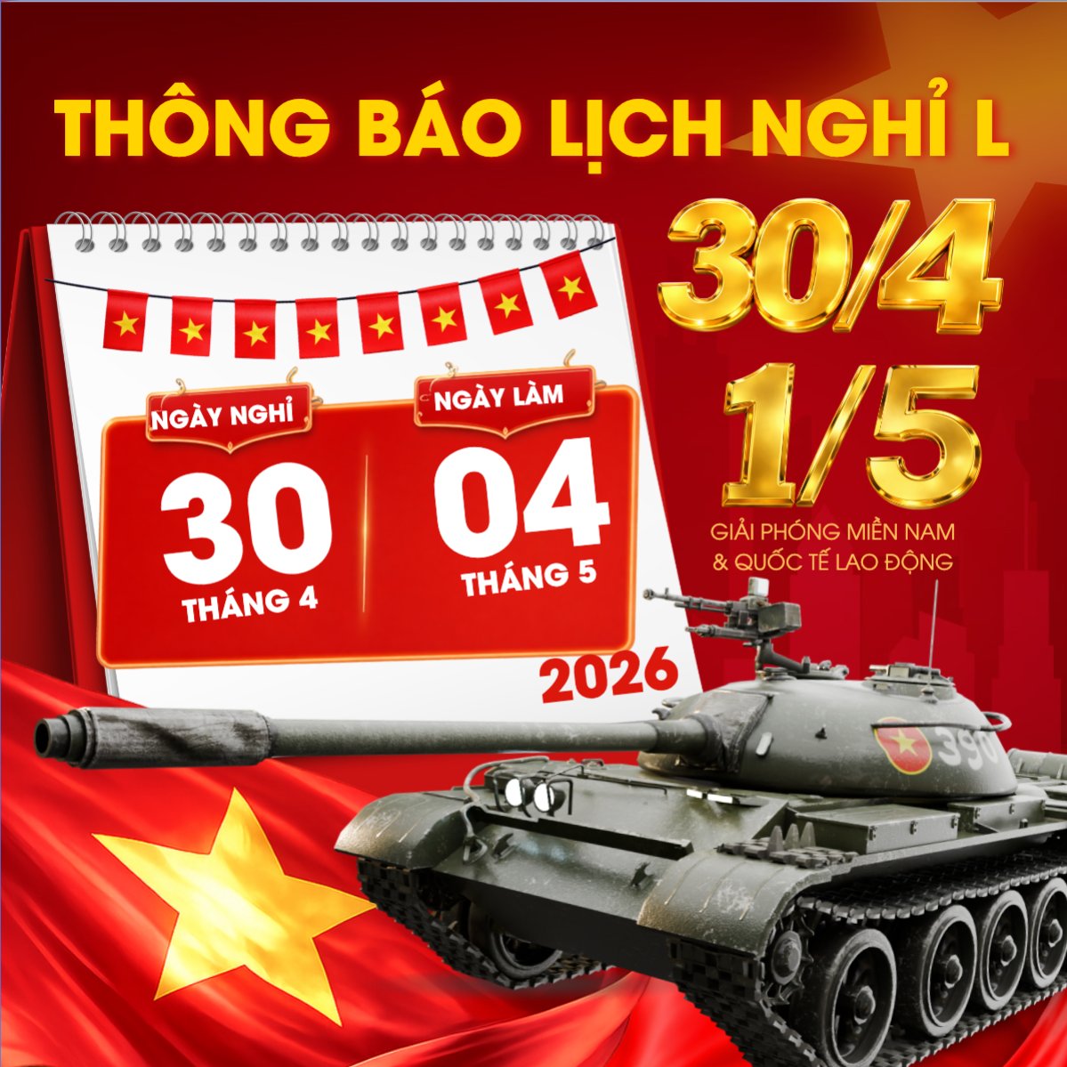 Mẫu Bài post MXH vuông Lịch nghỉ lễ 30/4-1/5 — LayerPic