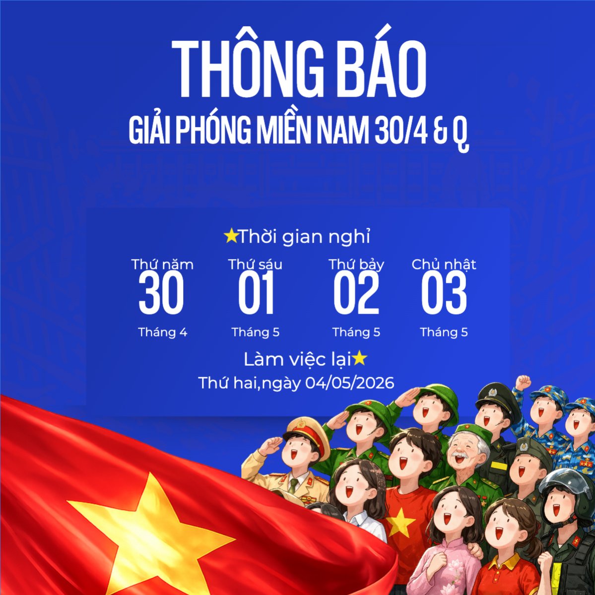 Mẫu Bài post MXH vuông Thông báo nghỉ lễ Giải phóng miền Nam 30/4 và Quốc tế Lao động 1/5 — LayerPic