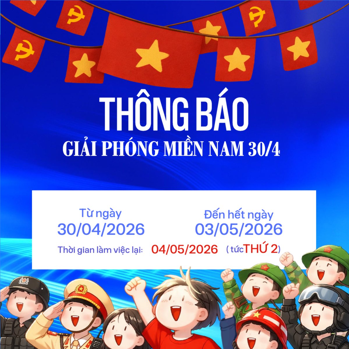 Mẫu Bài post MXH vuông Thông báo nghỉ lễ Giải phóng miền Nam 30/4 và Quốc tế Lao động 1/5 — LayerPic
