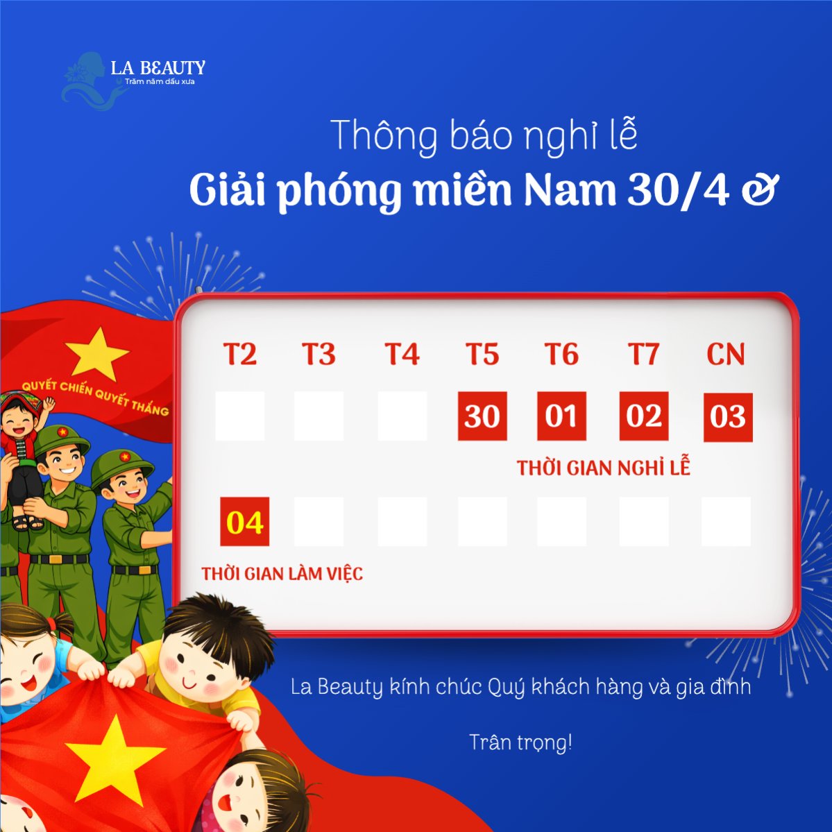 Mẫu Bài post MXH vuông Thông báo nghỉ lễ Giải phóng miền Nam 30/4 và Quốc tế Lao động 1/5 — LayerPic