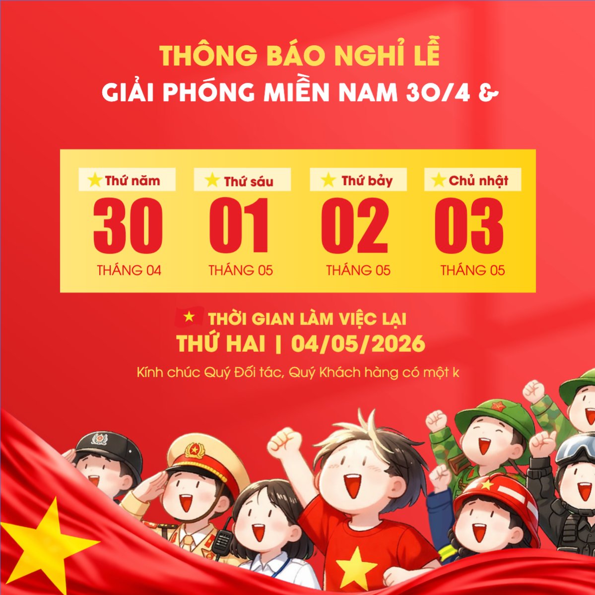 Mẫu Bài post MXH vuông Thông báo nghỉ lễ Giải phóng miền Nam 30/4 và Quốc tế Lao động 1/5 — LayerPic