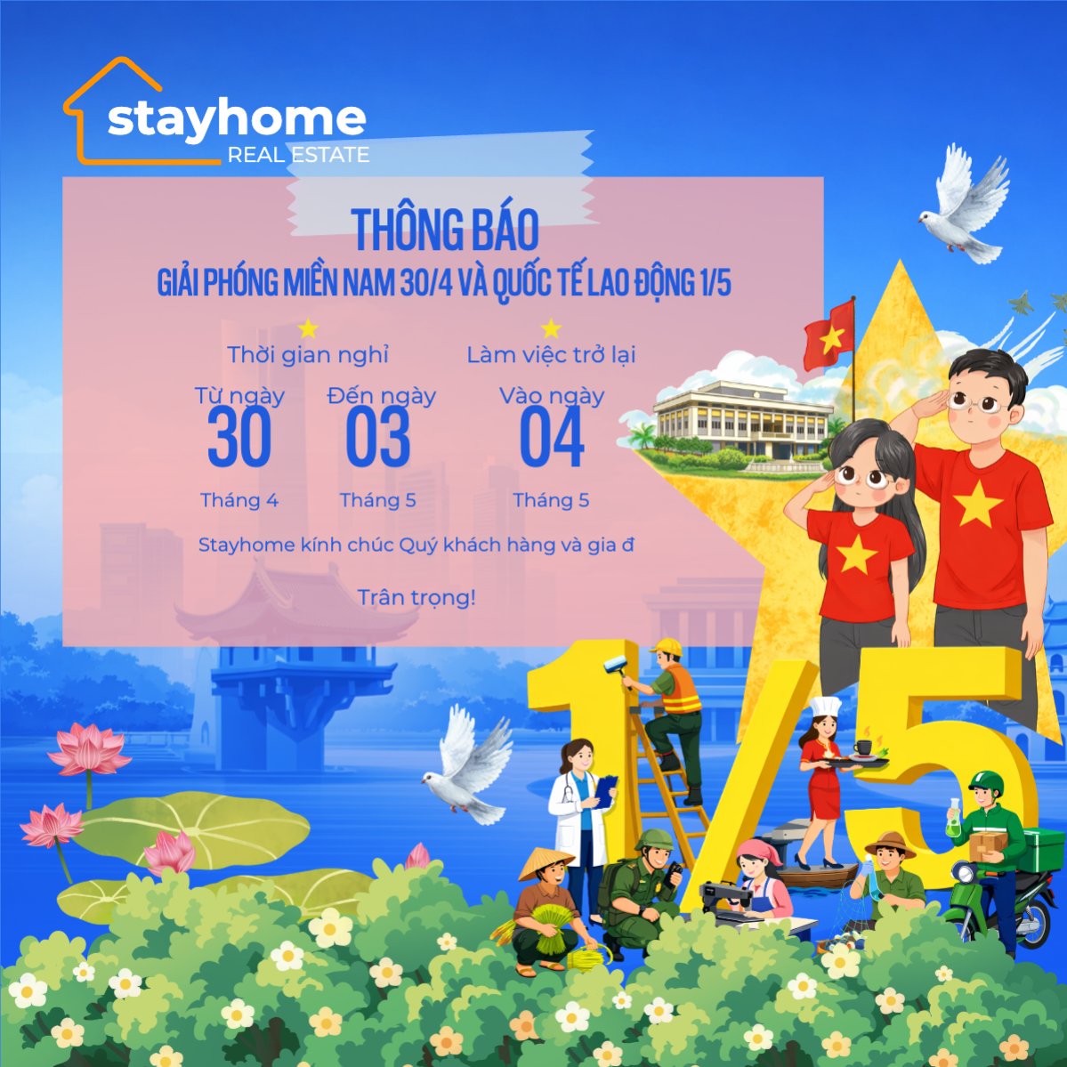 Mẫu Bài post MXH vuông Thông báo nghỉ lễ Giải phóng miền Nam 30/4 và Quốc tế Lao động 1/5 — LayerPic