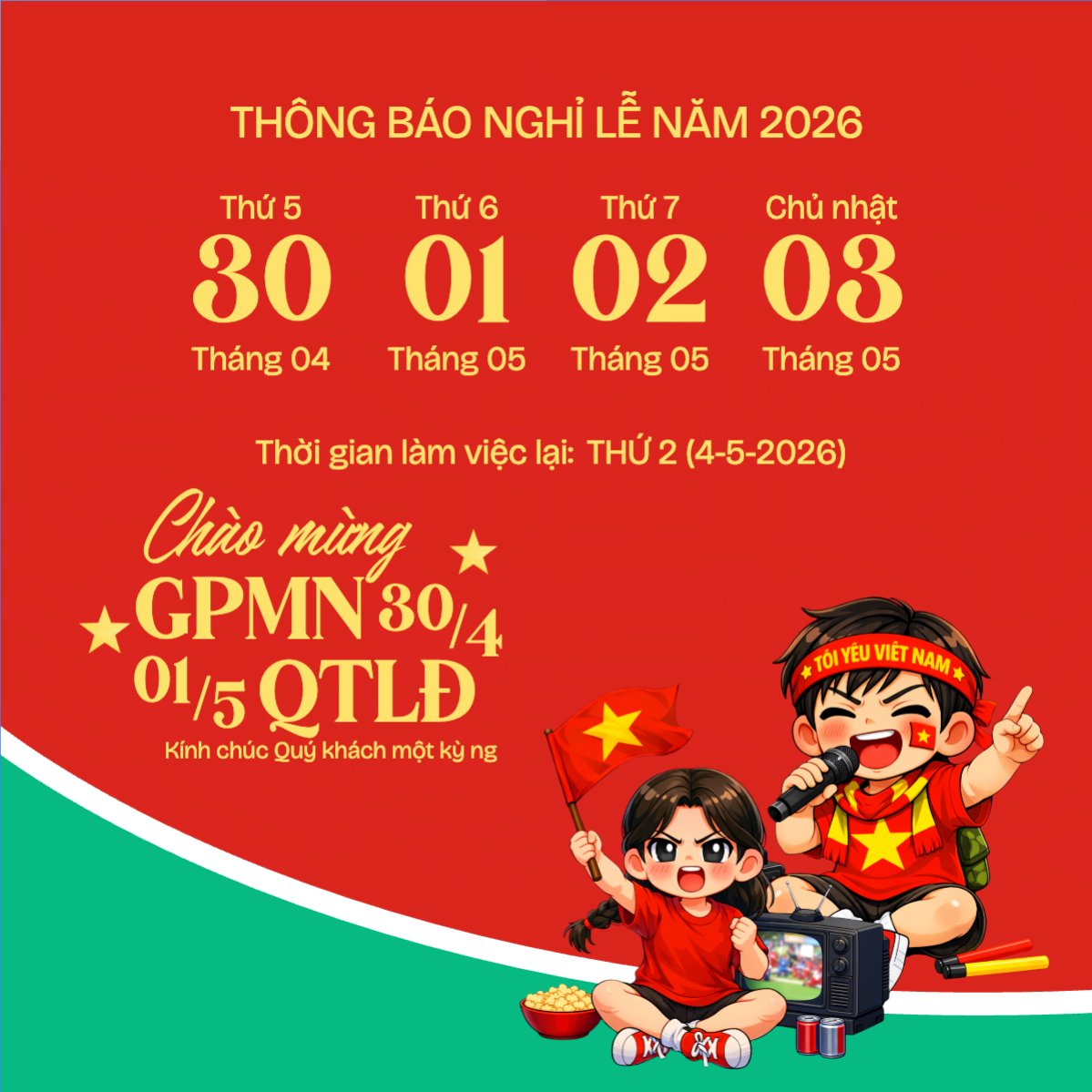 Mẫu Bài post MXH vuông Thông báo nghỉ lễ Giải phóng miền Nam 30/4 và Quốc tế Lao động 1/5 — LayerPic