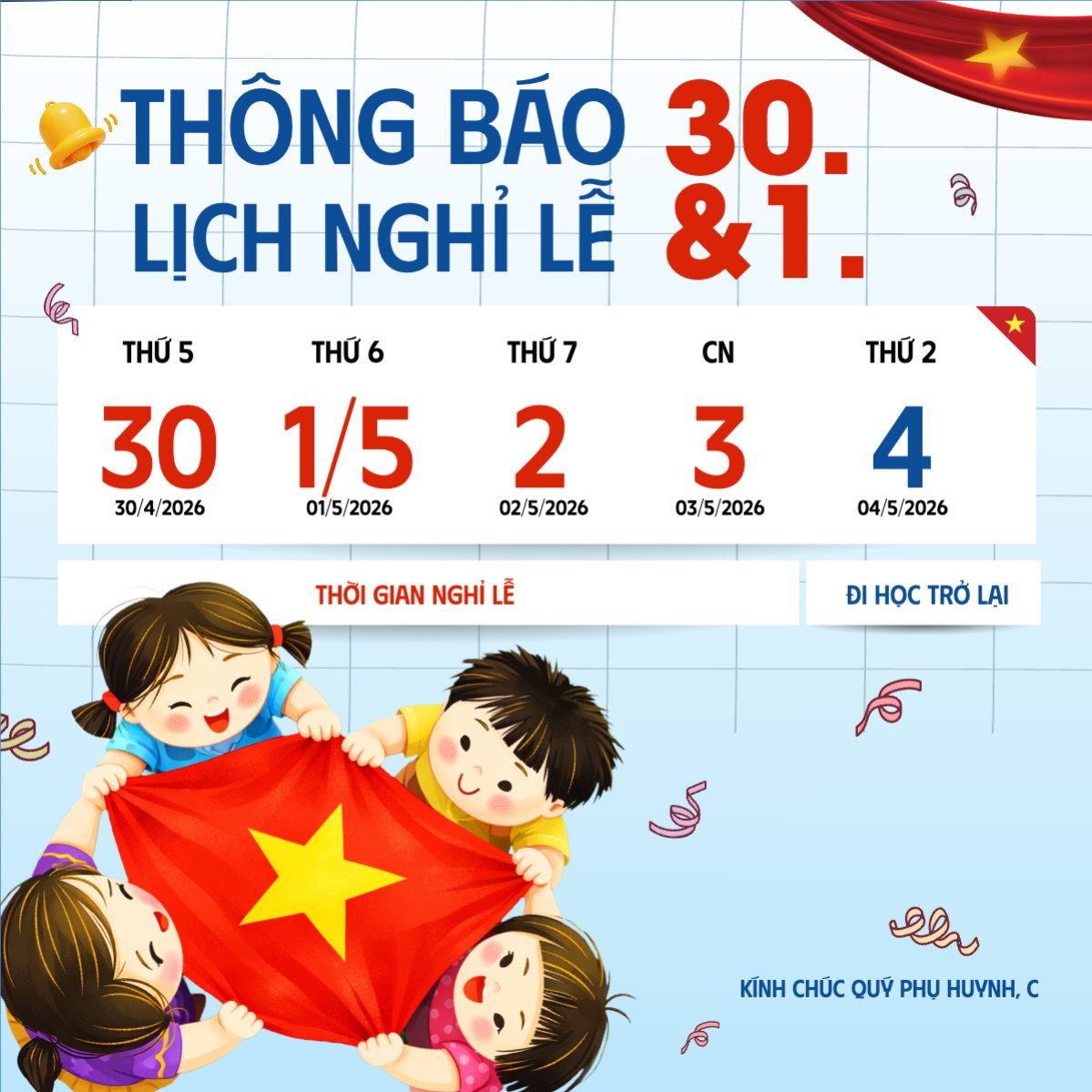Mẫu Bài post MXH vuông Lịch nghỉ lễ 30/4-1/5 — LayerPic