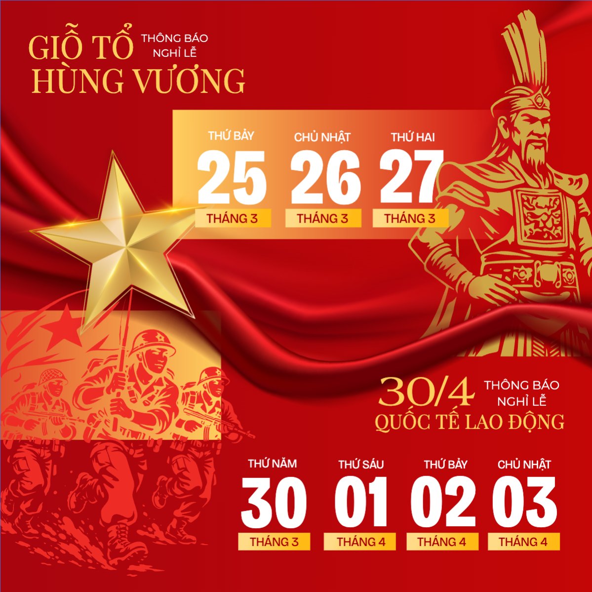 Mẫu Bài post MXH vuông Lịch nghỉ lễ Giỗ Tổ và 30/4-1/5 — LayerPic