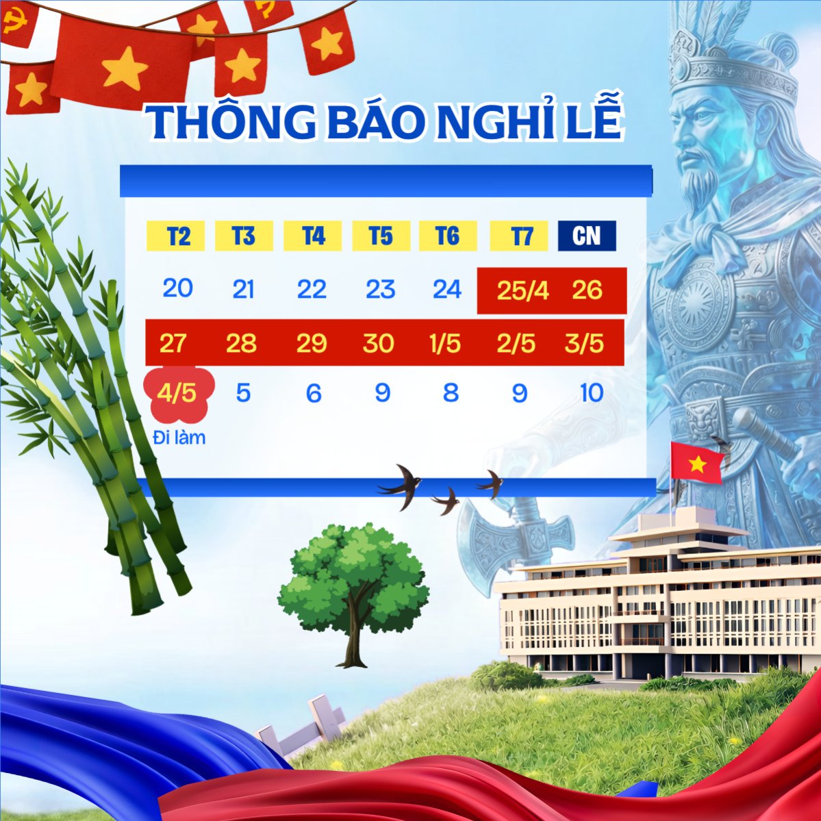 Mẫu Bài post MXH vuông Lịch nghỉ lễ Giỗ Tổ và 30/4-1/5 — LayerPic