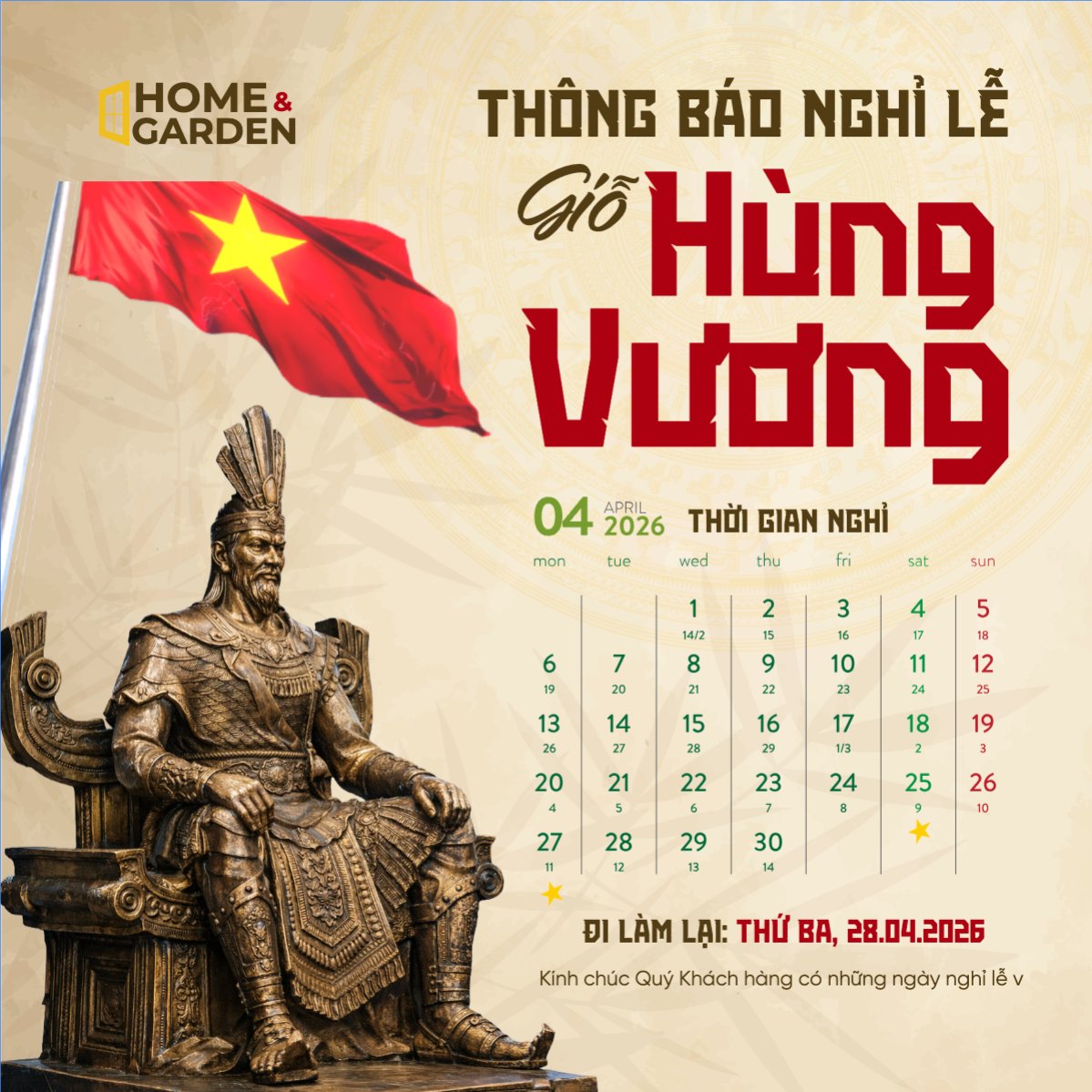 Mẫu Bài post MXH vuông Lịch nghỉ lễ Giỗ tổ Hùng Vương 2026 — LayerPic