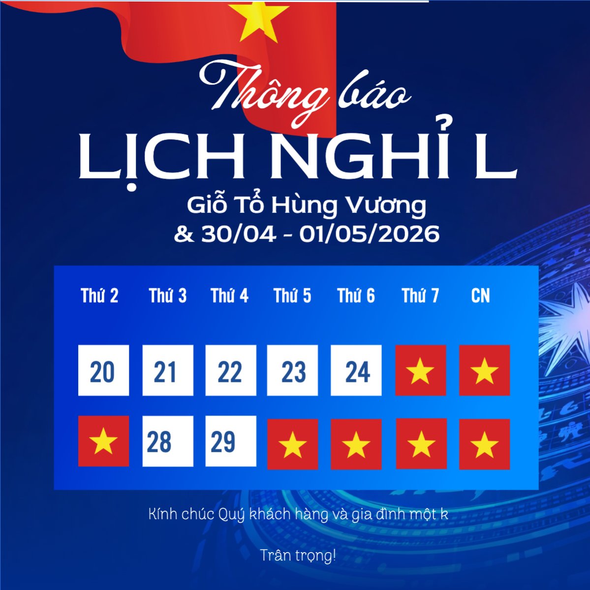 Mẫu Bài post MXH vuông Lịch nghỉ lễ Giỗ Tổ và 30/4-1/5 — LayerPic