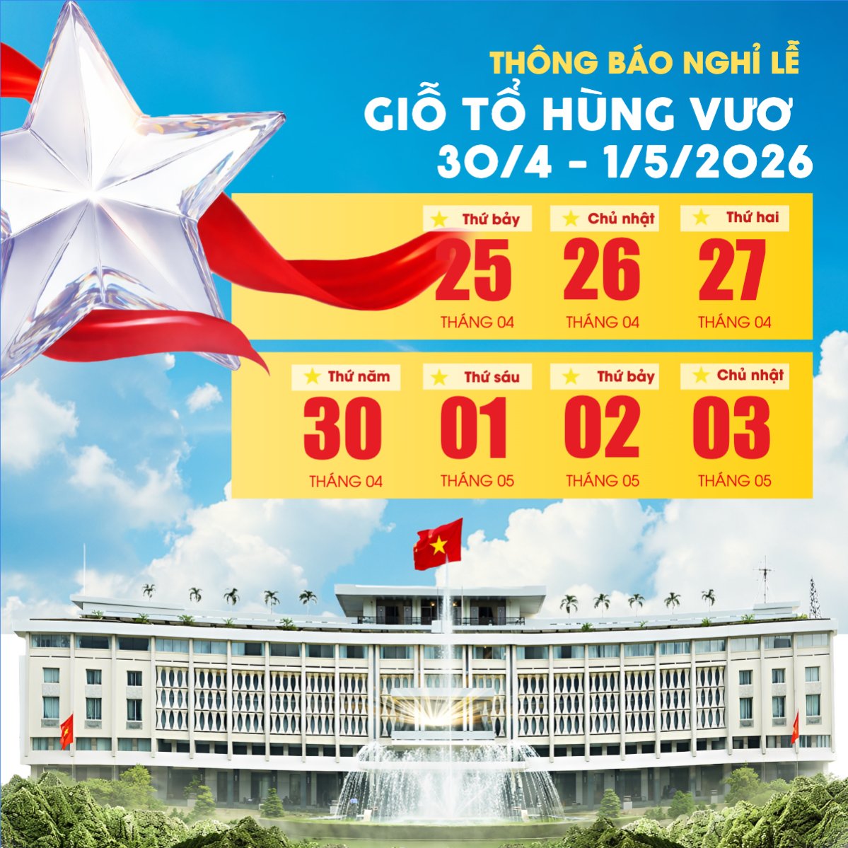 Mẫu Bài post MXH vuông Thông báo nghỉ lễ Giỗ Tổ và 30/4-1/5 — LayerPic