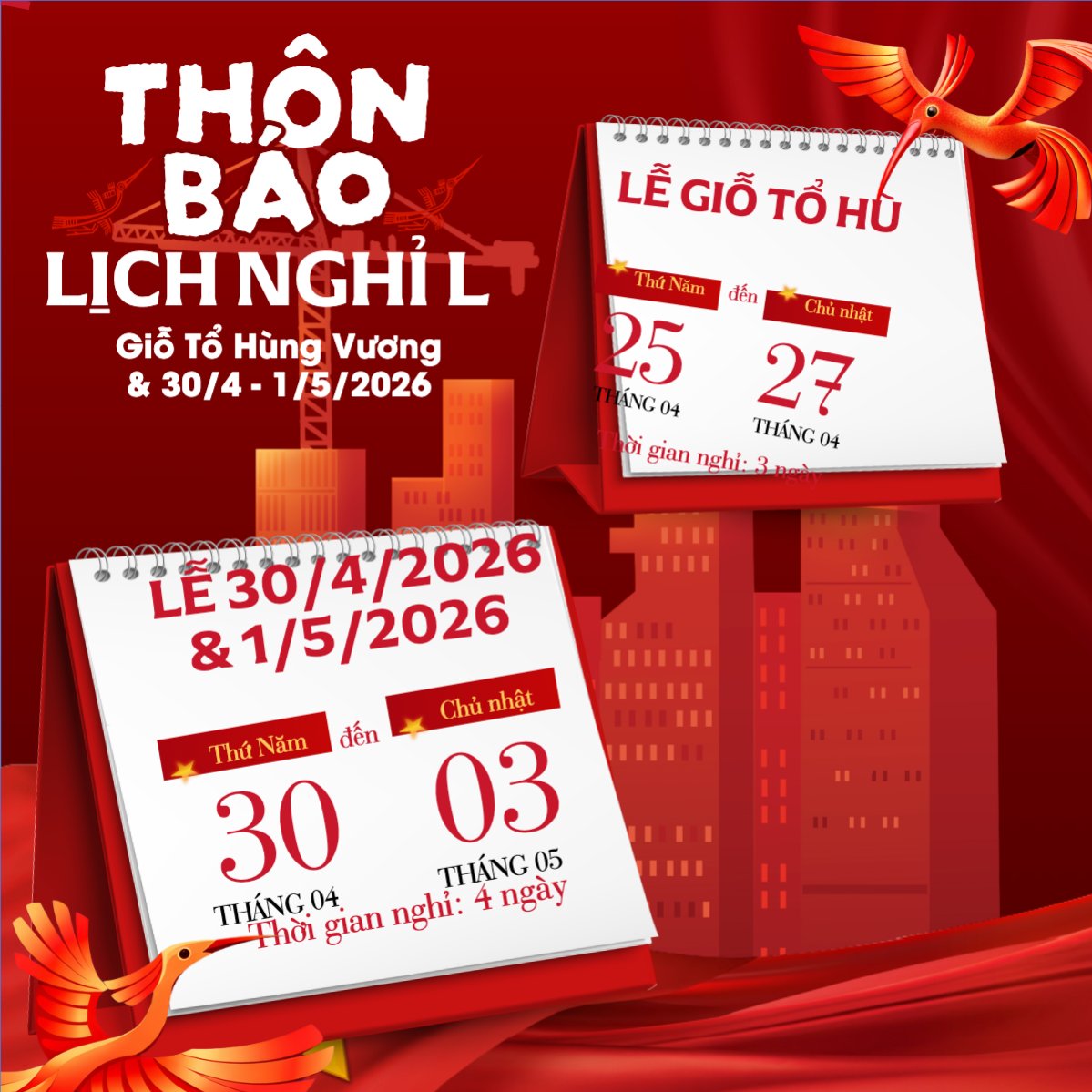 Mẫu Bài post MXH vuông Thông báo nghỉ lễ Giỗ Tổ và 30/4-1/5 — LayerPic