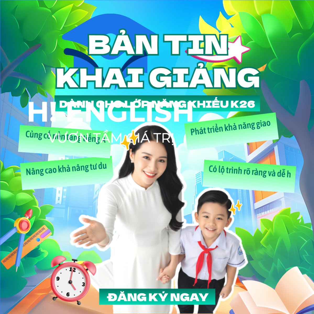 Mẫu Bài post MXH vuông Bản tin khai giảng — LayerPic