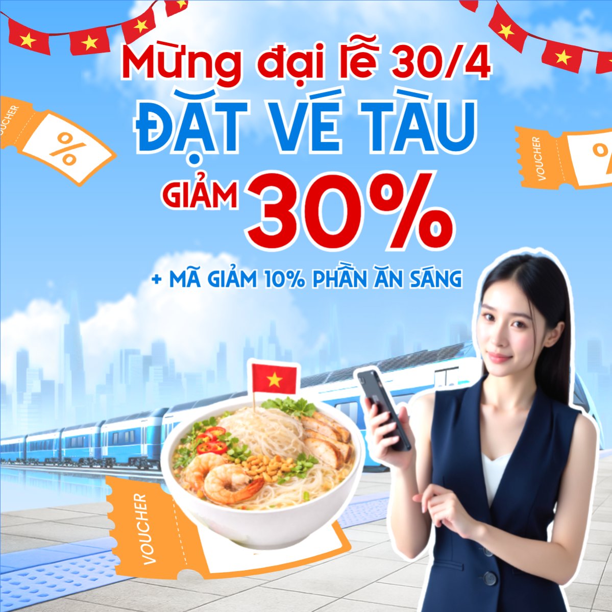 Mẫu Bài post MXH vuông Mừng đại lễ 30/4 đặt vé tàu giảm tới 30% — LayerPic