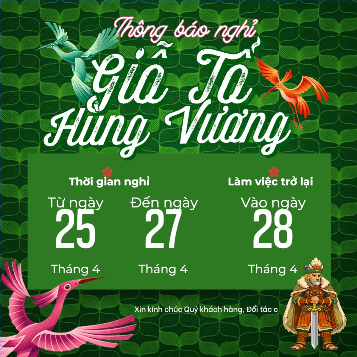 Thông báo nghỉ lễ Giỗ Tổ Hùng Vương