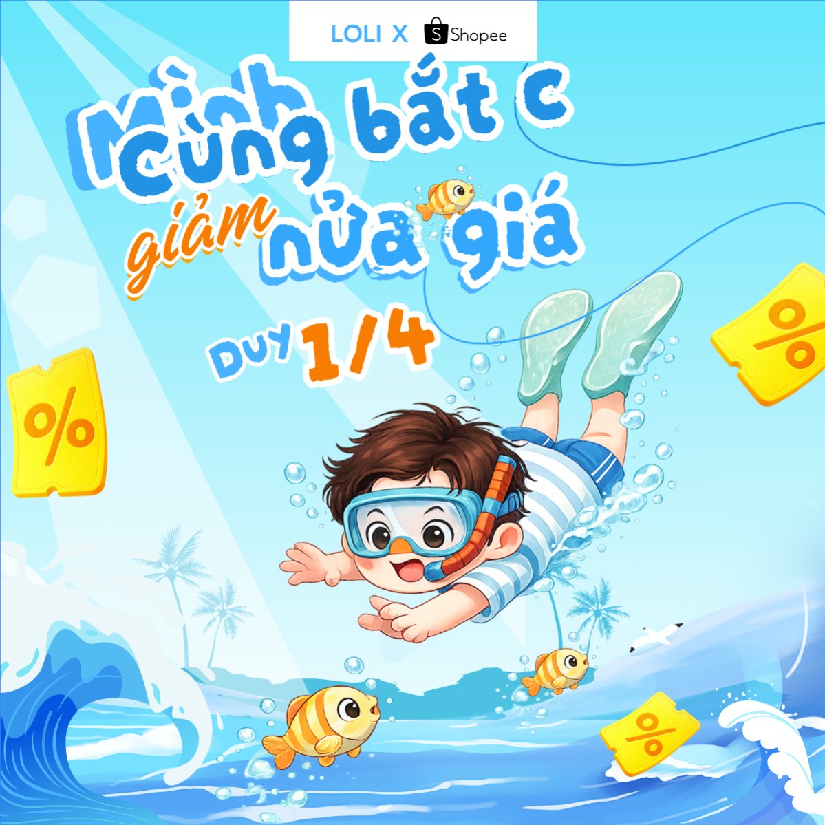 Mẫu Bài post MXH vuông Mình cùng bắt cá giảm ngay nửa giá — LayerPic