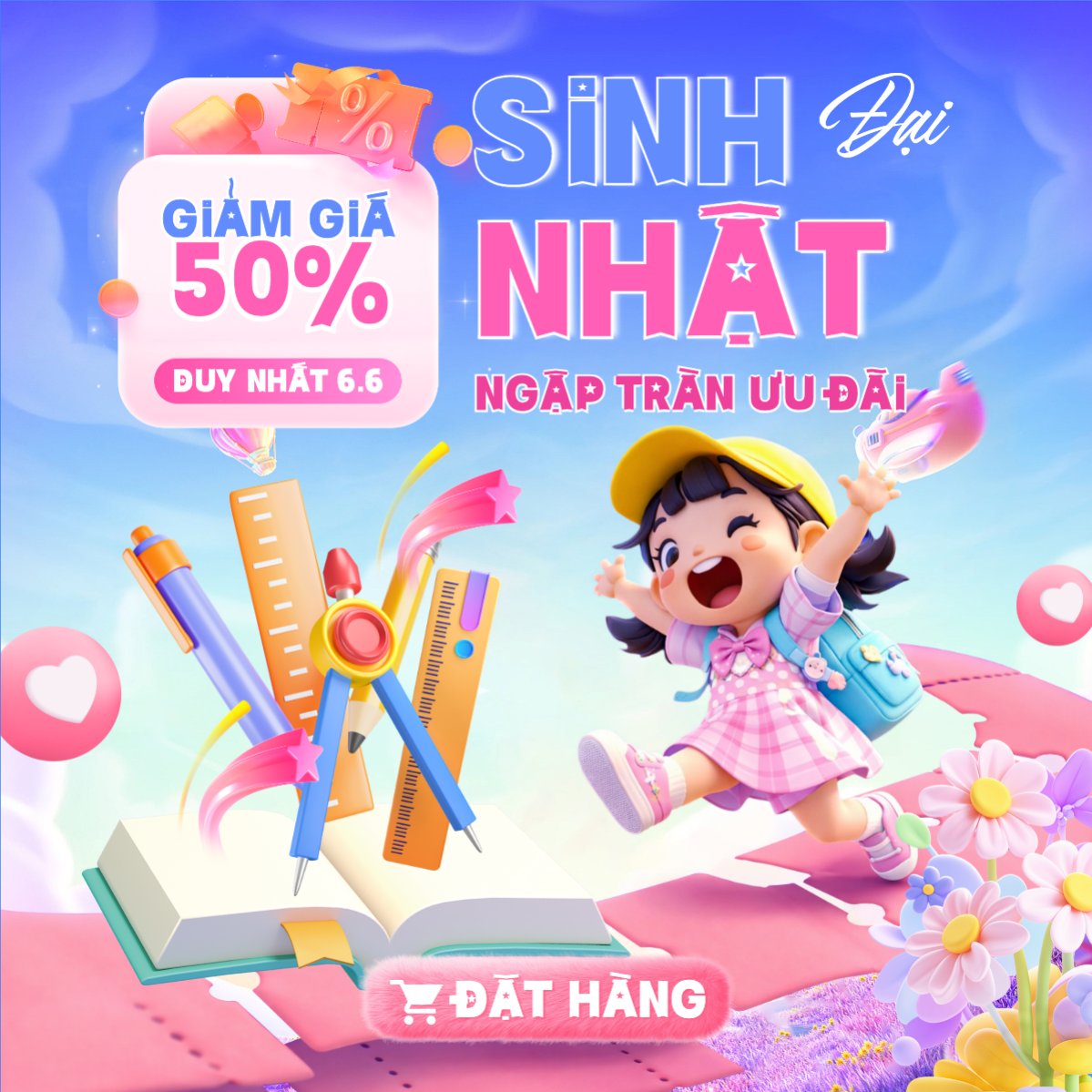 Mẫu Bài post MXH vuông Đại tiệc sinh nhật ngập tràn ưu đãi — LayerPic