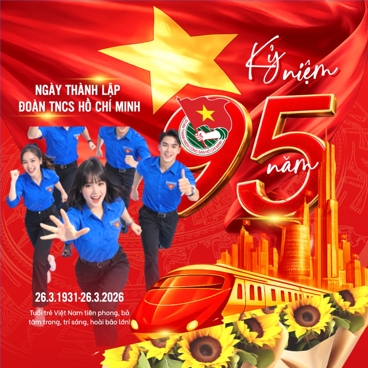 Mẫu Bài post MXH vuông Kỷ niệm ngày thành lập Đoàn TNCS Hồ Chí Minh 26/3 — LayerPic