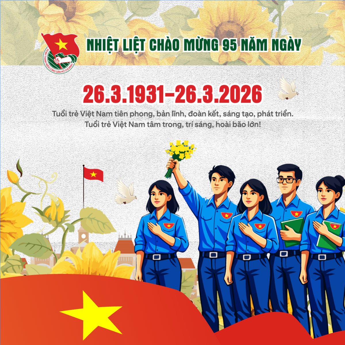 Mẫu Bài post MXH vuông Chào mừng kỷ niệm ngày thành lập Đoàn TNCS Hồ Chí Minh 26/3 — LayerPic
